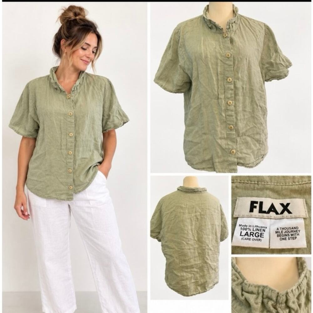 FLAX Women’s Large Sage Green 100% Linen Collar Button Front Blouse